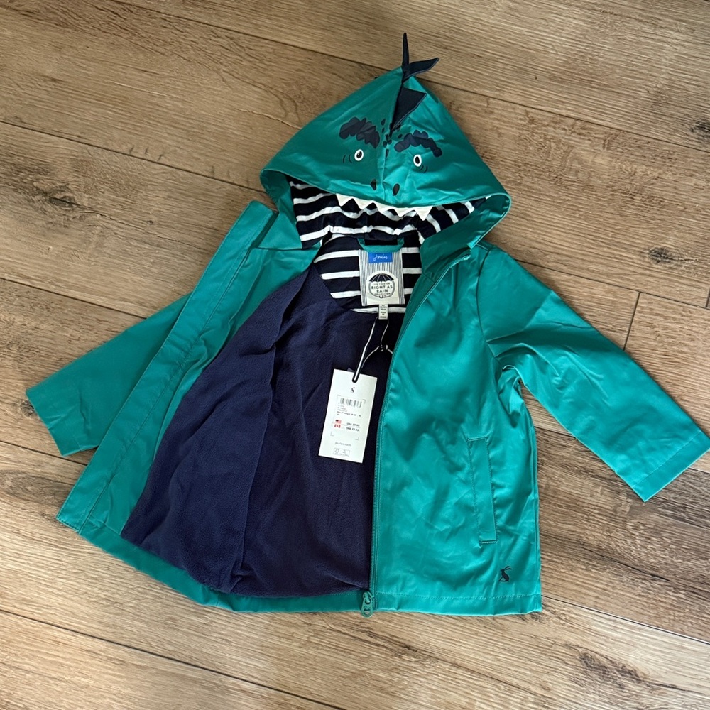 Joules Kids Hooded Rain Jacket with Dinosaur Design - Size 2Y